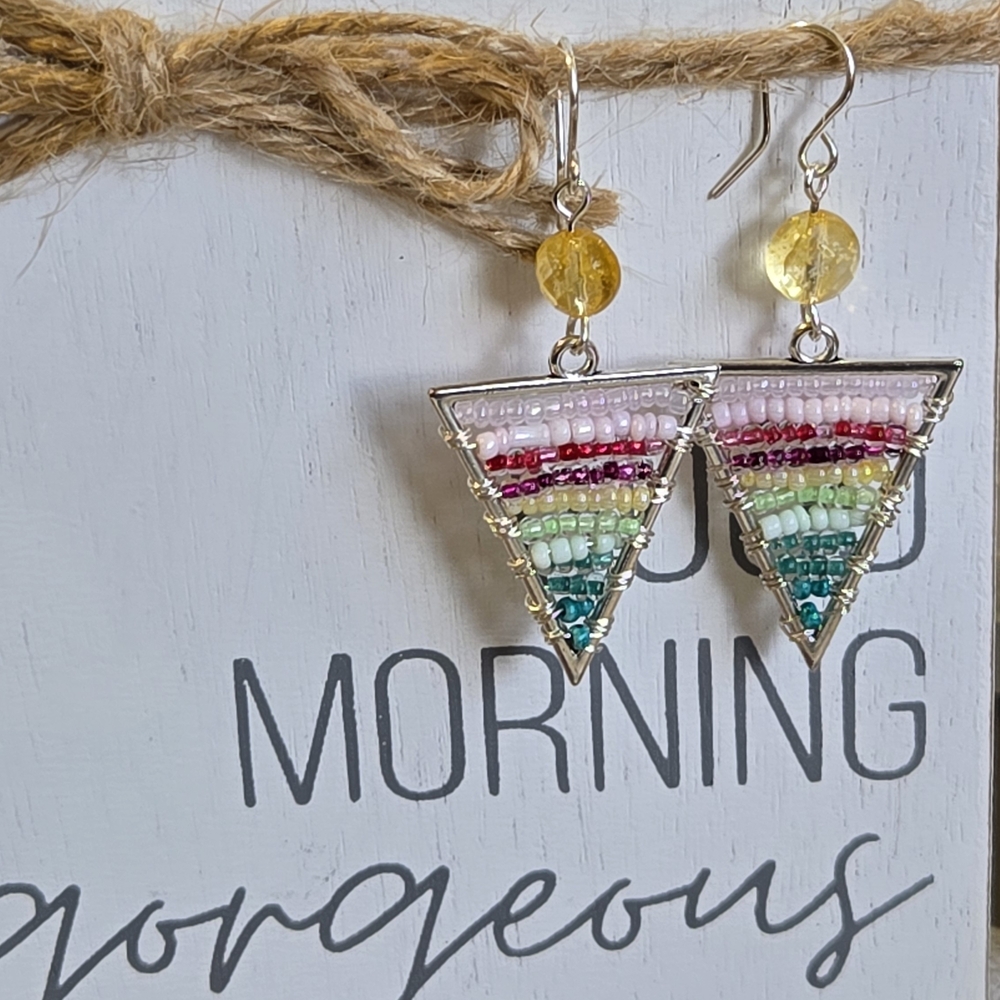 Vibrant Multicolor Beaded Triangle Earrings - Picture 3 of 6